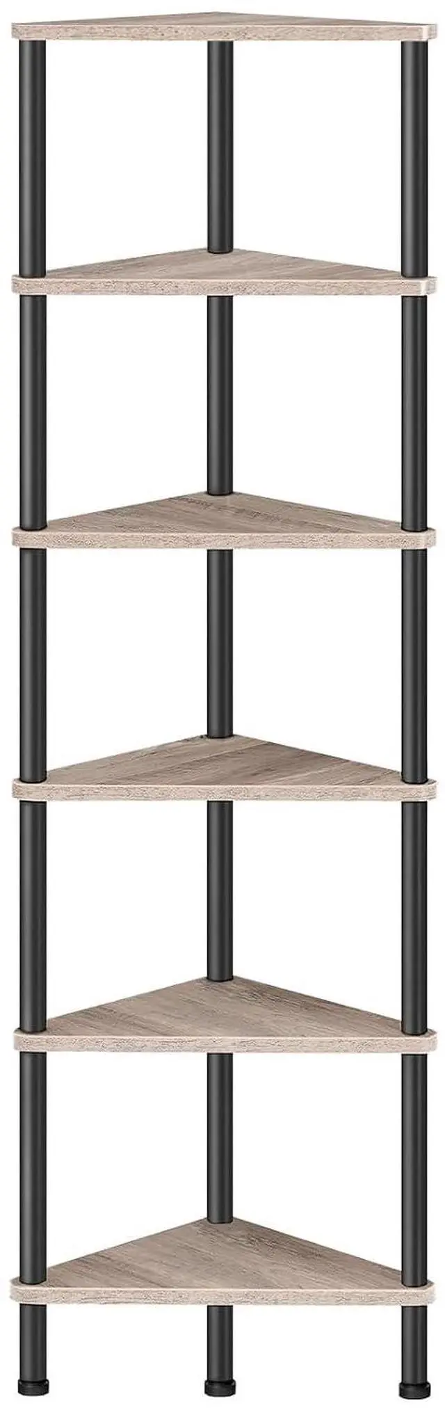 Main image of Corner Shelf Stand, Industrial 6-Tier Corner Bookshelf with Metal Frame, Plant Display Shelf, Bookcase for Small Spaces, Living Room, Greige and Black BG36CJ01