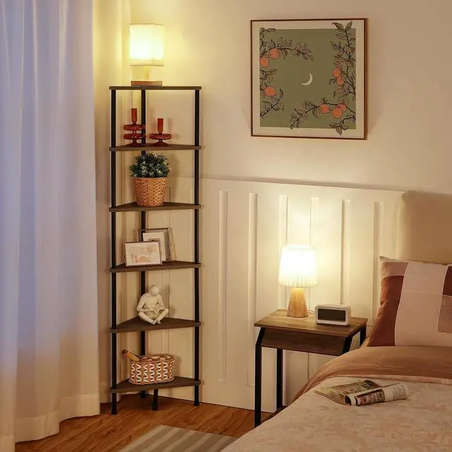 Alt view image 2 of 7 - Corner Shelf Stand, Industrial 6-Tier Corner Bookshelf with Metal Frame, Plant Display Shelf, Bookcase for Small Spaces, Living Room, Greige and Black BG36CJ01
