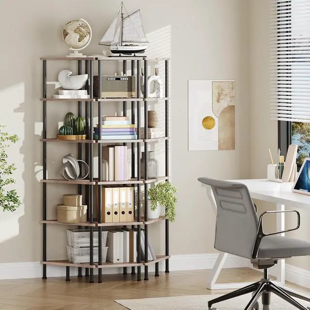 Alt view image 4 of 7 - Corner Shelf Stand, Industrial 6-Tier Corner Bookshelf with Metal Frame, Plant Display Shelf, Bookcase for Small Spaces, Living Room, Greige and Black BG36CJ01