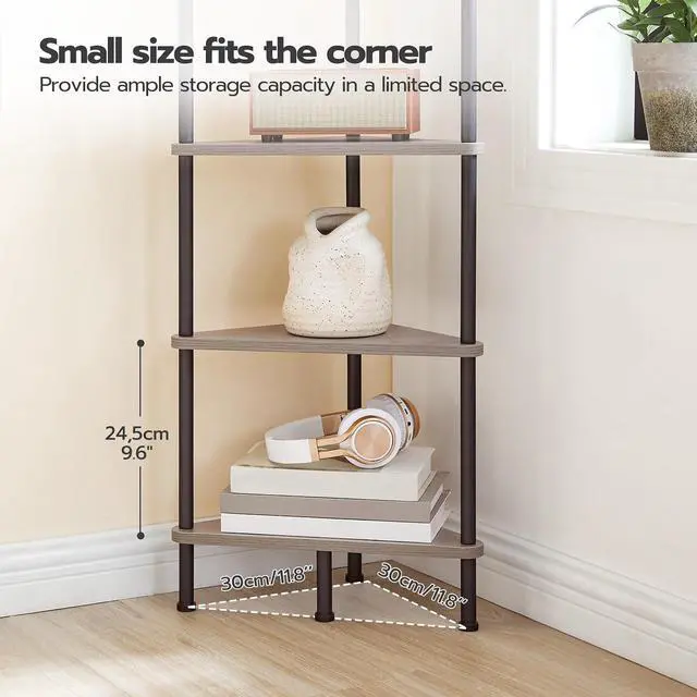 Alt view image 7 of 7 - Corner Shelf Stand, Industrial 6-Tier Corner Bookshelf with Metal Frame, Plant Display Shelf, Bookcase for Small Spaces, Living Room, Greige and Black BG36CJ01