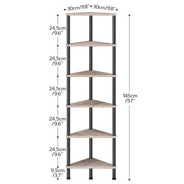 Alt view image 3 of 7 - Corner Shelf Stand, Industrial 6-Tier Corner Bookshelf with Metal Frame, Plant Display Shelf, Bookcase for Small Spaces, Living Room, Greige and Black BG36CJ01