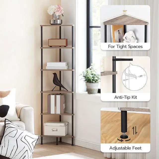 Alt view image 6 of 7 - Corner Shelf Stand, Industrial 6-Tier Corner Bookshelf with Metal Frame, Plant Display Shelf, Bookcase for Small Spaces, Living Room, Greige and Black BG36CJ01