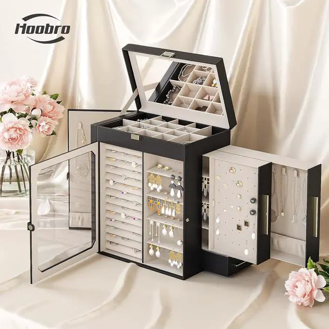 Alt view image 2 of 7 - Jewelry Box with Mirror, Travel Jewelry Organizer with Glass Window, Jewelry Storage Case, Vertical Storage, Gift for Loved Ones, for Earrings, Rings, Necklaces, Bracelets, Black BK03JB04G2