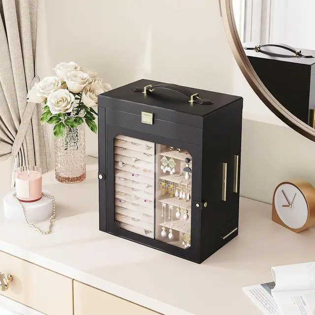 Alt view image 3 of 7 - Jewelry Box with Mirror, Travel Jewelry Organizer with Glass Window, Jewelry Storage Case, Vertical Storage, Gift for Loved Ones, for Earrings, Rings, Necklaces, Bracelets, Black BK03JB04G2