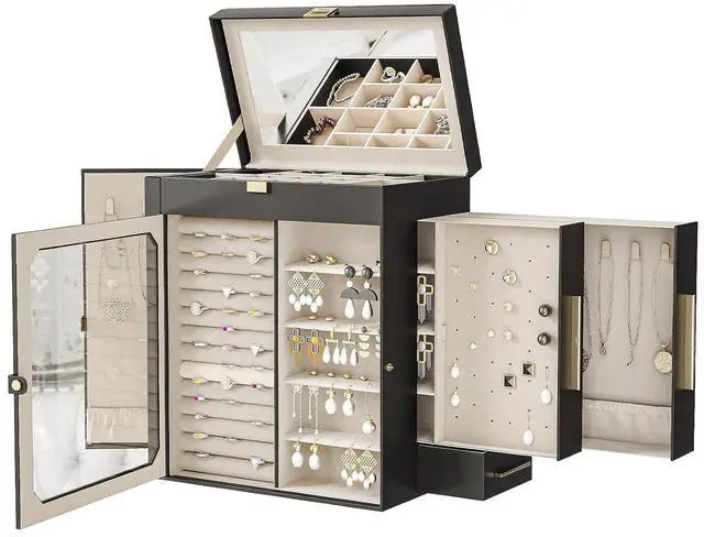 Main image of Jewelry Box with Mirror, Travel Jewelry Organizer with Glass Window, Jewelry Storage Case, Vertical Storage, Gift for Loved Ones, for Earrings, Rings, Necklaces, Bracelets, Black BK03JB04G2