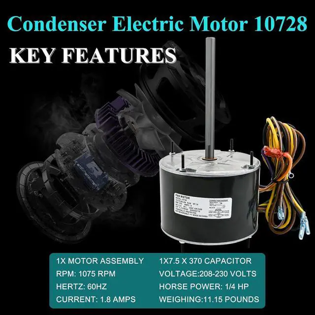 Alt view image 4 of 7 - 10728 Condenser Motor Replacement for Mars 10733, A.O. Smith FSE1026S, Fasco D909/ D749, Genteq 3728, Diversitech-WG840728, W51-14CJA1-02 etc, 1/4 hp, 1075 RPM, 208-230V, 1 Speed, 1-Year Warranty