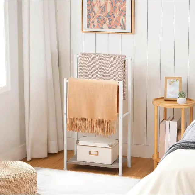 Alt view image 3 of 7 - Free Standing Towel Rack for Bathroom, 2 Tier Blanket Rack, 16.5" L x 9.4" W x 31.5" H, Blanket Holder, Drying and Display Rack with Shelf, White and Grey WG02LB01