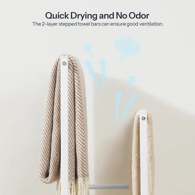 Alt view image 6 of 7 - Free Standing Towel Rack for Bathroom, 2 Tier Blanket Rack, 16.5" L x 9.4" W x 31.5" H, Blanket Holder, Drying and Display Rack with Shelf, White and Grey WG02LB01