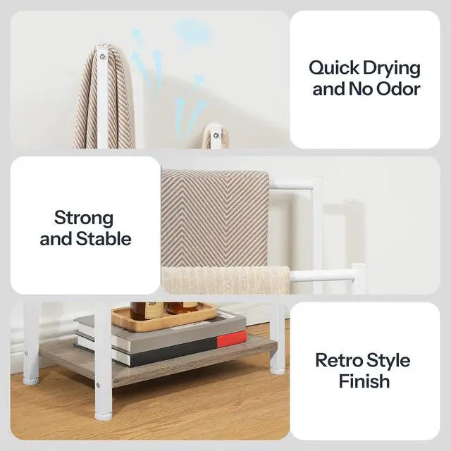 Alt view image 5 of 7 - Free Standing Towel Rack for Bathroom, 2 Tier Blanket Rack, 16.5" L x 9.4" W x 31.5" H, Blanket Holder, Drying and Display Rack with Shelf, White and Grey WG02LB01