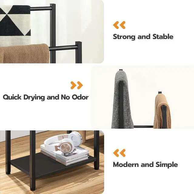 Alt view image 4 of 7 - Free Standing Towel Rack for Bathroom, 16.5" L x 9.4" W x 31.5" H, 2 Tier Blanket Rack, Blanket Holder, Drying and Display Rack with Shelf, Black BB02LB01