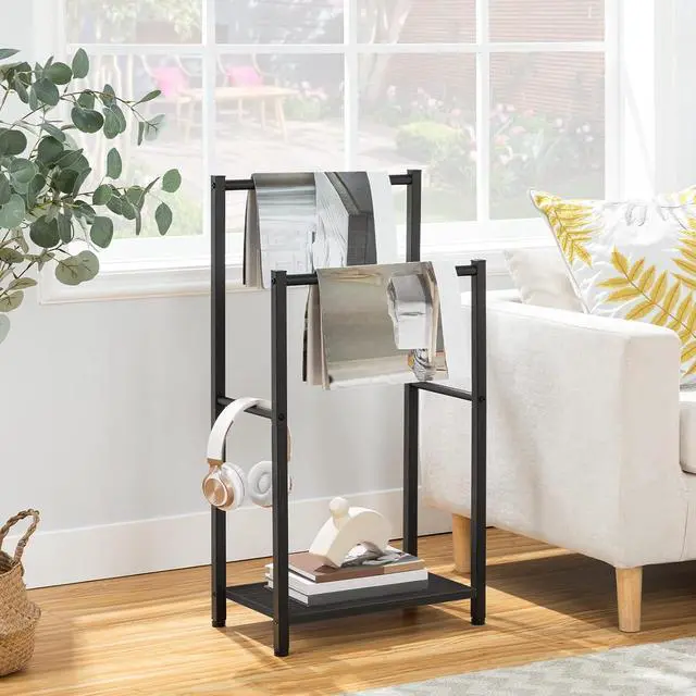 Alt view image 2 of 7 - Free Standing Towel Rack for Bathroom, 16.5" L x 9.4" W x 31.5" H, 2 Tier Blanket Rack, Blanket Holder, Drying and Display Rack with Shelf, Black BB02LB01