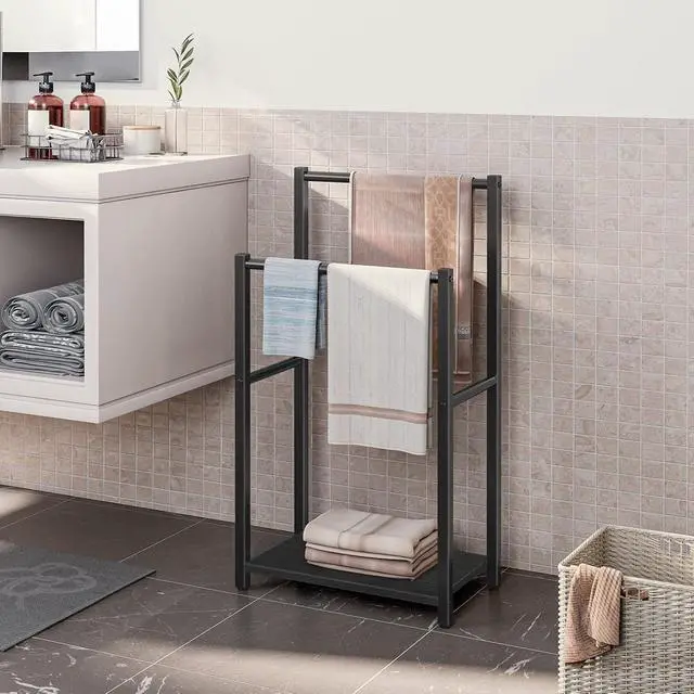 Alt view image 3 of 7 - Free Standing Towel Rack for Bathroom, 16.5" L x 9.4" W x 31.5" H, 2 Tier Blanket Rack, Blanket Holder, Drying and Display Rack with Shelf, Black BB02LB01
