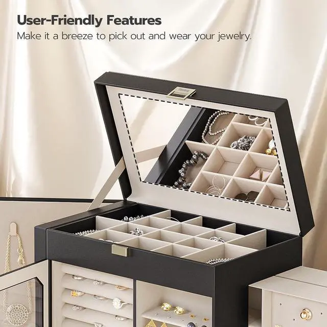 Alt view image 7 of 7 - Jewelry Box with Mirror, Travel Jewelry Organizer with Glass Window, Jewelry Storage Case, Vertical Storage, Gift for Loved Ones, for Earrings, Rings, Necklaces, Bracelets, Black BK03JB04G2