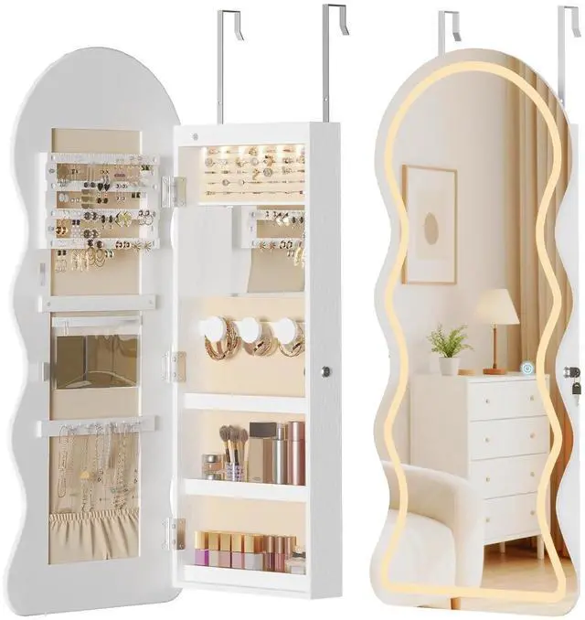 Main image of LED Mirror Jewelry Cabinet, Wall/Door Mounted Jewelry Organizer, Jewelry Aromire with Wavy Mirror Full Length, Lockable Jewelry Storage Cabinet, Interior Mirror, 16.5" x 4.1" x 43.3", White