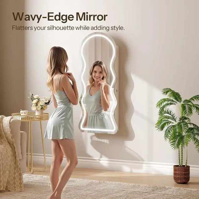 Alt view image 3 of 7 - LED Mirror Jewelry Cabinet, Wall/Door Mounted Jewelry Organizer, Jewelry Aromire with Wavy Mirror Full Length, Lockable Jewelry Storage Cabinet, Interior Mirror, 16.5" x 4.1" x 43.3", White