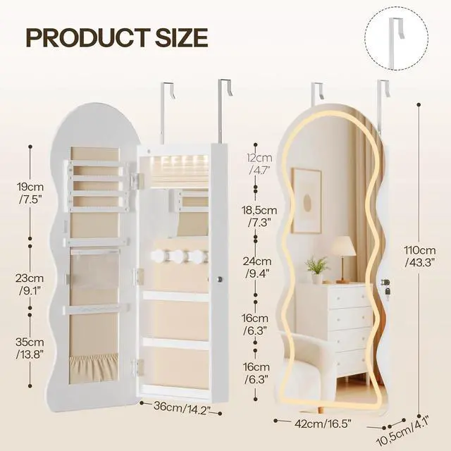 Alt view image 2 of 7 - LED Mirror Jewelry Cabinet, Wall/Door Mounted Jewelry Organizer, Jewelry Aromire with Wavy Mirror Full Length, Lockable Jewelry Storage Cabinet, Interior Mirror, 16.5" x 4.1" x 43.3", White