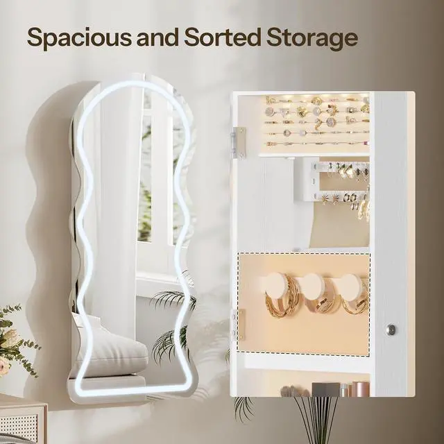 Alt view image 4 of 7 - LED Mirror Jewelry Cabinet, Wall/Door Mounted Jewelry Organizer, Jewelry Aromire with Wavy Mirror Full Length, Lockable Jewelry Storage Cabinet, Interior Mirror, 16.5" x 4.1" x 43.3", White