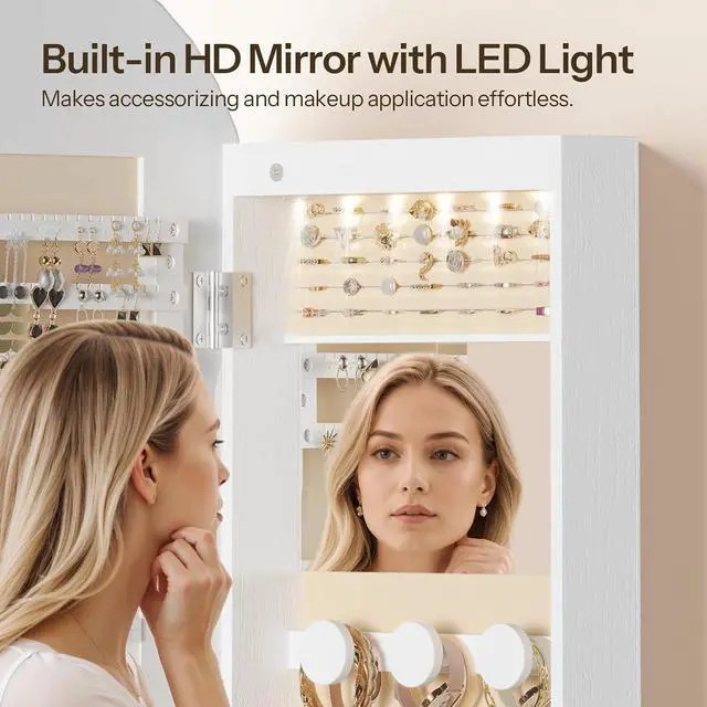 Alt view image 7 of 7 - LED Mirror Jewelry Cabinet, Wall/Door Mounted Jewelry Organizer, Jewelry Aromire with Wavy Mirror Full Length, Lockable Jewelry Storage Cabinet, Interior Mirror, 16.5" x 4.1" x 43.3", White