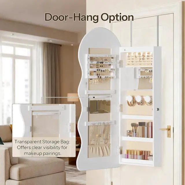 Alt view image 6 of 7 - LED Mirror Jewelry Cabinet, Wall/Door Mounted Jewelry Organizer, Jewelry Aromire with Wavy Mirror Full Length, Lockable Jewelry Storage Cabinet, Interior Mirror, 16.5" x 4.1" x 43.3", White