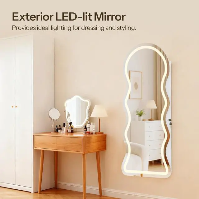 Alt view image 5 of 7 - LED Mirror Jewelry Cabinet, Wall/Door Mounted Jewelry Organizer, Jewelry Aromire with Wavy Mirror Full Length, Lockable Jewelry Storage Cabinet, Interior Mirror, 16.5" x 4.1" x 43.3", White
