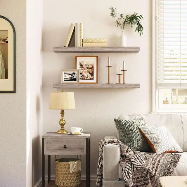 Alt view image 2 of 7 - Floating Shelves for Wall, Wall Mounted Shelf Set of 2, 31.5" Hanging Shelf with Invisible Brackets, for Wall Decor Storage in Bathroom Bedroom Kitchen Living Room Office, Greige BG80BJP201
