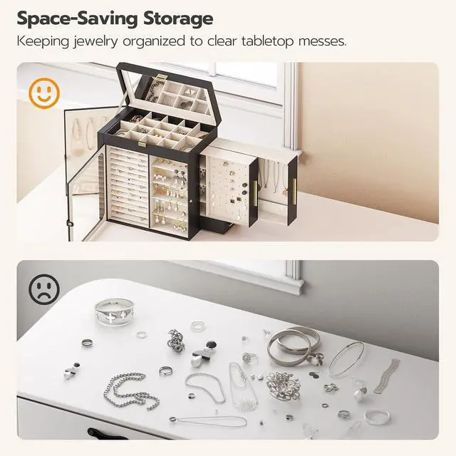 Alt view image 6 of 7 - Jewelry Box with Mirror, Travel Jewelry Organizer with Glass Window, Jewelry Storage Case, Vertical Storage, Gift for Loved Ones, for Earrings, Rings, Necklaces, Bracelets, Black BK03JB04G2