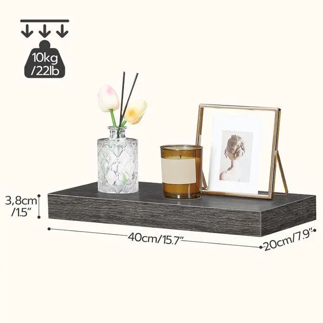Alt view image 3 of 7 - Floating Shelves for Wall, Wall Mounted Shelf Set of 2, 15.7" Hanging Shelf with Invisible Brackets, for Wall Decor Storage in Bathroom Bedroom Kitchen Livingroom Office, Charcoal Gray BC40BJ01