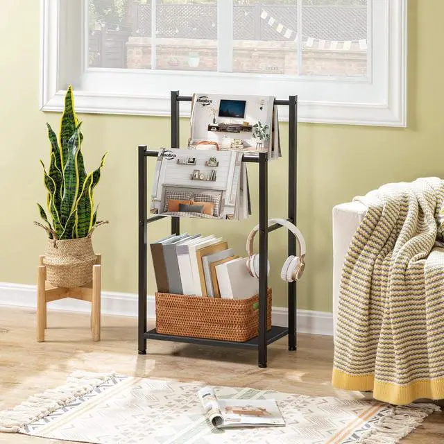 Alt view image 5 of 7 - Free Standing Towel Rack for Bathroom, 16.5" L x 9.4" W x 31.5" H, 2 Tier Blanket Rack, Blanket Holder, Drying and Display Rack with Shelf, Black BB02LB01