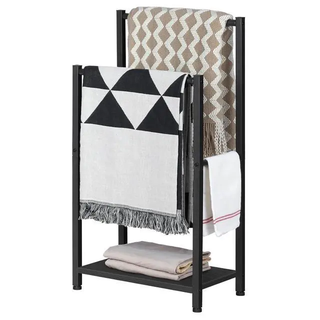 Alt view image 7 of 7 - Free Standing Towel Rack for Bathroom, 16.5" L x 9.4" W x 31.5" H, 2 Tier Blanket Rack, Blanket Holder, Drying and Display Rack with Shelf, Black BB02LB01