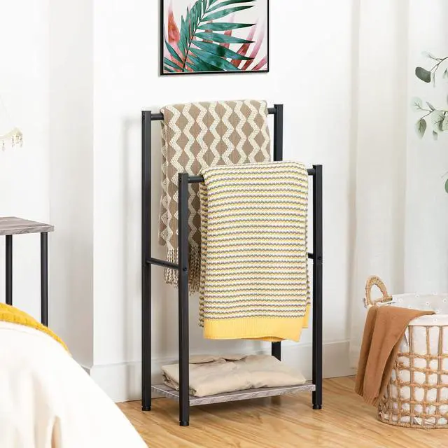Alt view image 2 of 7 - Freestanding Towel Rack, 2 Tier Blanket Ladder Holder for Bathroom, 16.5" L x 9.4" W x 31.5" H, Blanket Rack, Industrial Drying and Display Rack with Shelf, Metal, Greige and Black BG02LB01