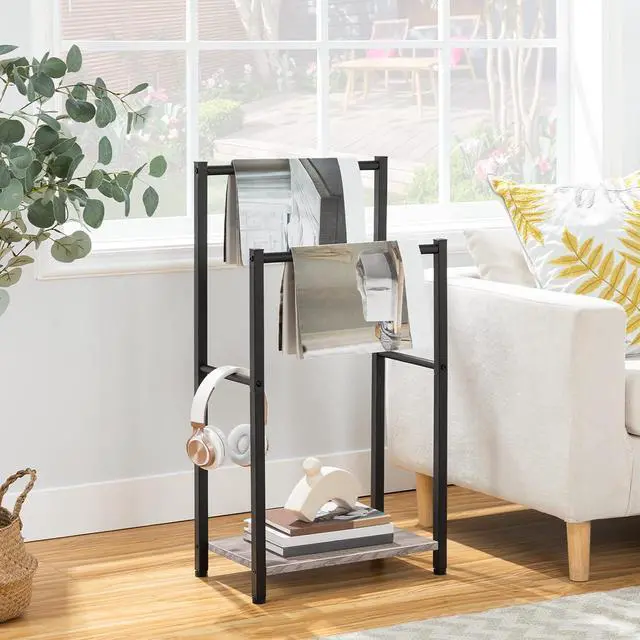 Alt view image 3 of 7 - Freestanding Towel Rack, 2 Tier Blanket Ladder Holder for Bathroom, 16.5" L x 9.4" W x 31.5" H, Blanket Rack, Industrial Drying and Display Rack with Shelf, Metal, Greige and Black BG02LB01