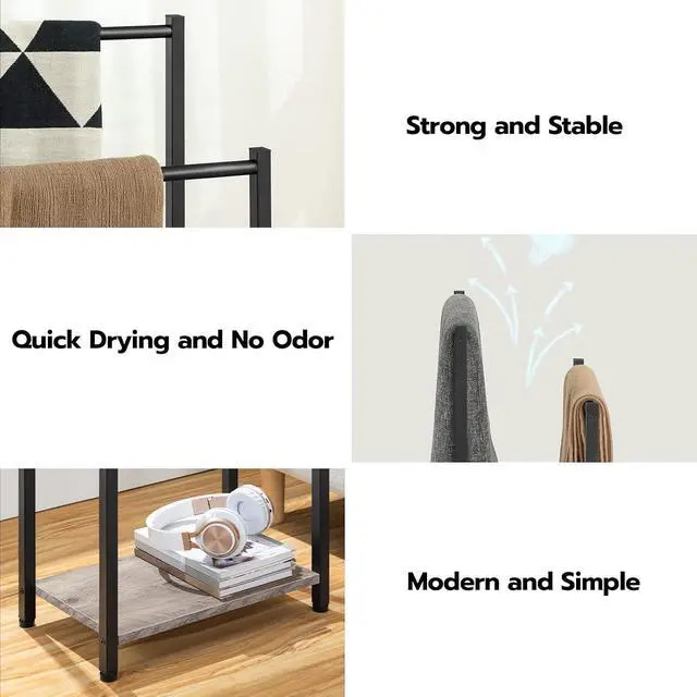 Alt view image 4 of 7 - Freestanding Towel Rack, 2 Tier Blanket Ladder Holder for Bathroom, 16.5" L x 9.4" W x 31.5" H, Blanket Rack, Industrial Drying and Display Rack with Shelf, Metal, Greige and Black BG02LB01