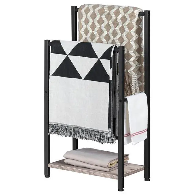 Alt view image 6 of 7 - Freestanding Towel Rack, 2 Tier Blanket Ladder Holder for Bathroom, 16.5" L x 9.4" W x 31.5" H, Blanket Rack, Industrial Drying and Display Rack with Shelf, Metal, Greige and Black BG02LB01