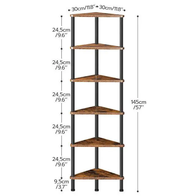 Alt view image 3 of 7 - Corner Shelf Stand, Industrial 6-Tier Wall Corner Bookshelf with Metal Frame, Plant Display Shelf, Bookcase for Small Spaces, Bedroom, Living Room, Rustic Brown BF36CJ01