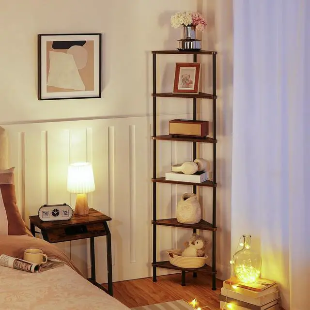 Alt view image 2 of 7 - Corner Shelf Stand, Industrial 6-Tier Wall Corner Bookshelf with Metal Frame, Plant Display Shelf, Bookcase for Small Spaces, Bedroom, Living Room, Rustic Brown BF36CJ01