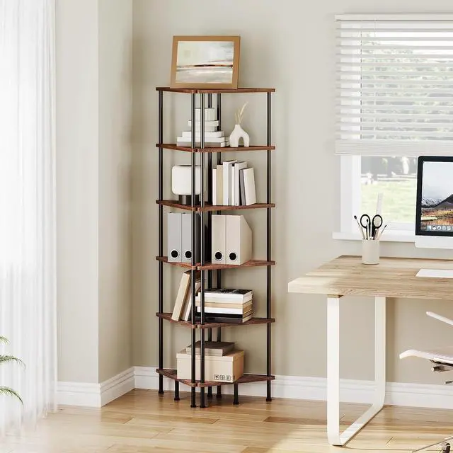Alt view image 4 of 7 - Corner Shelf Stand, Industrial 6-Tier Wall Corner Bookshelf with Metal Frame, Plant Display Shelf, Bookcase for Small Spaces, Bedroom, Living Room, Rustic Brown BF36CJ01