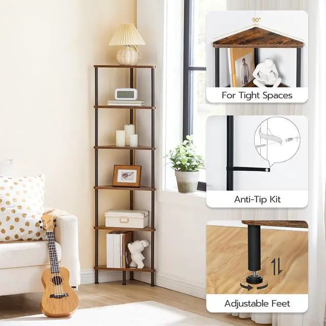 Alt view image 5 of 7 - Corner Shelf Stand, Industrial 6-Tier Wall Corner Bookshelf with Metal Frame, Plant Display Shelf, Bookcase for Small Spaces, Bedroom, Living Room, Rustic Brown BF36CJ01