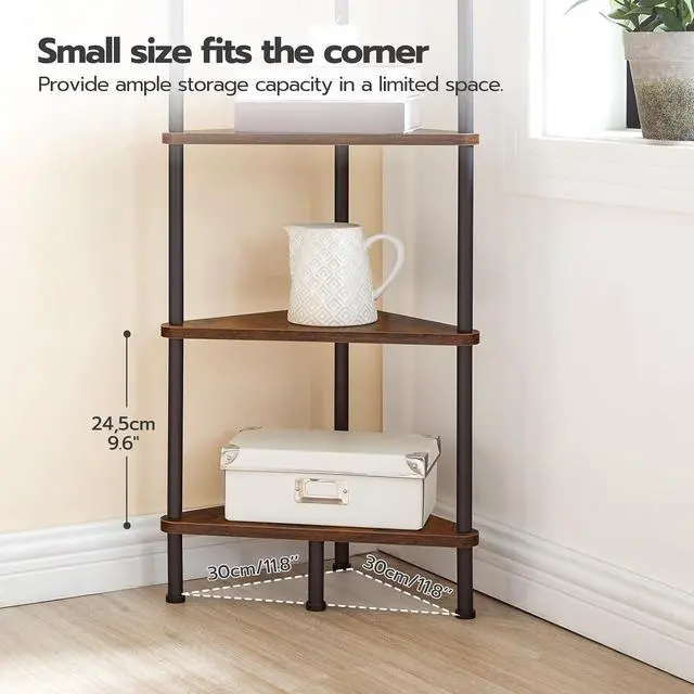 Alt view image 7 of 7 - Corner Shelf Stand, Industrial 6-Tier Wall Corner Bookshelf with Metal Frame, Plant Display Shelf, Bookcase for Small Spaces, Bedroom, Living Room, Rustic Brown BF36CJ01
