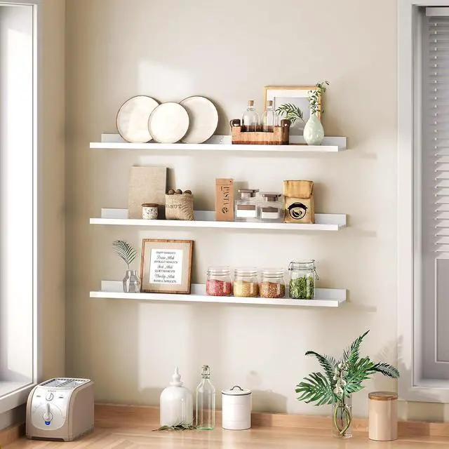 Alt view image 2 of 7 - Floating Shelves, Wall Shelf Set of 3, 35.4 Inches Hanging Shelf with Raised Edge and Invisible Brackets, for Bathroom, Bedroom, Kitchen, Office, Living Room Decor, White WT90BJ01