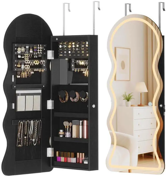 Main image of LED Mirror Jewelry Cabinet, Wall/Door Mounted Jewelry Organizer, Jewelry Aromire with Wavy Mirror Full Length, Lockable Jewelry Storage Cabinet, Interior Mirror, 16.5" x 4.1" x 43.3", Black