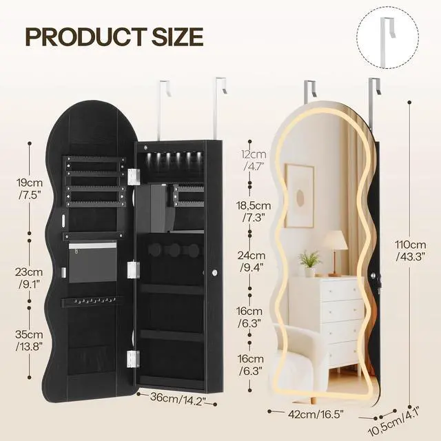 Alt view image 2 of 7 - LED Mirror Jewelry Cabinet, Wall/Door Mounted Jewelry Organizer, Jewelry Aromire with Wavy Mirror Full Length, Lockable Jewelry Storage Cabinet, Interior Mirror, 16.5" x 4.1" x 43.3", Black