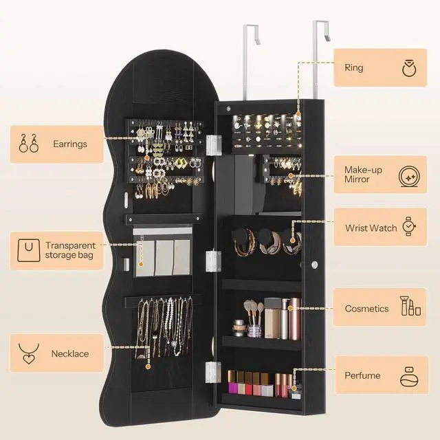 Alt view image 3 of 7 - LED Mirror Jewelry Cabinet, Wall/Door Mounted Jewelry Organizer, Jewelry Aromire with Wavy Mirror Full Length, Lockable Jewelry Storage Cabinet, Interior Mirror, 16.5" x 4.1" x 43.3", Black