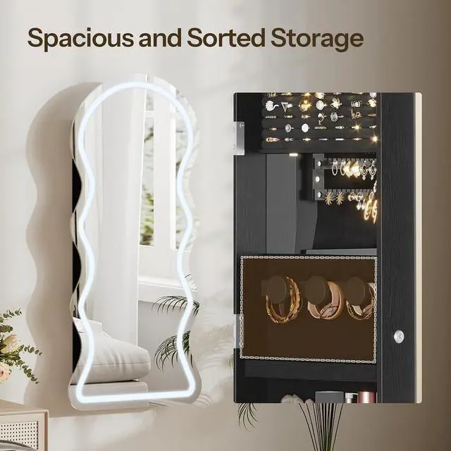 Alt view image 6 of 7 - LED Mirror Jewelry Cabinet, Wall/Door Mounted Jewelry Organizer, Jewelry Aromire with Wavy Mirror Full Length, Lockable Jewelry Storage Cabinet, Interior Mirror, 16.5" x 4.1" x 43.3", Black