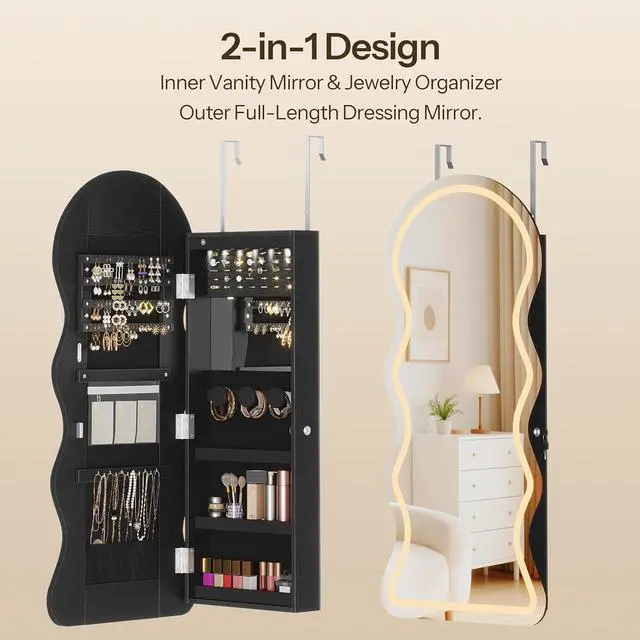 Alt view image 5 of 7 - LED Mirror Jewelry Cabinet, Wall/Door Mounted Jewelry Organizer, Jewelry Aromire with Wavy Mirror Full Length, Lockable Jewelry Storage Cabinet, Interior Mirror, 16.5" x 4.1" x 43.3", Black