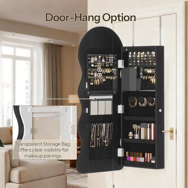 Alt view image 7 of 7 - LED Mirror Jewelry Cabinet, Wall/Door Mounted Jewelry Organizer, Jewelry Aromire with Wavy Mirror Full Length, Lockable Jewelry Storage Cabinet, Interior Mirror, 16.5" x 4.1" x 43.3", Black