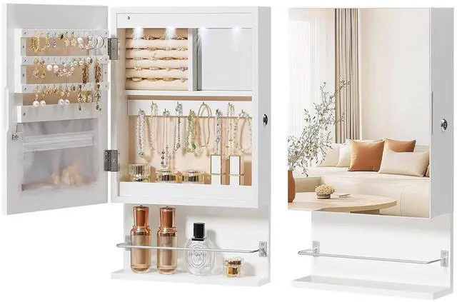 Main image of Wall Mounted Jewelry Cabinet, LED Jewelry Armoire with Interior Mirror, Hanging Jewelry Organizer for Wall, Lockable Jewelry Storage Cabinet, 3.9 x 11.8 x 20.9 Inches, White
