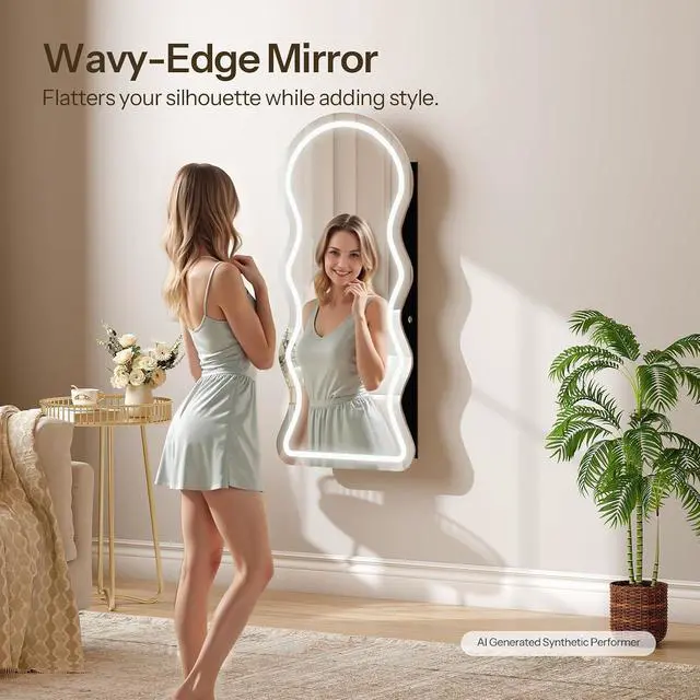 Alt view image 4 of 7 - LED Mirror Jewelry Cabinet, Wall/Door Mounted Jewelry Organizer, Jewelry Aromire with Wavy Mirror Full Length, Lockable Jewelry Storage Cabinet, Interior Mirror, 16.5" x 4.1" x 43.3", Black