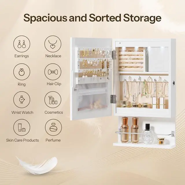 Alt view image 3 of 7 - Wall Mounted Jewelry Cabinet, LED Jewelry Armoire with Interior Mirror, Hanging Jewelry Organizer for Wall, Lockable Jewelry Storage Cabinet, 3.9 x 11.8 x 20.9 Inches, White