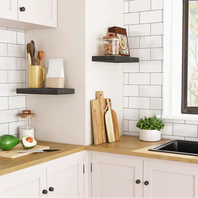 Alt view image 4 of 7 - Floating Shelves for Wall, Wall Mounted Shelf Set of 2, 15.7" Hanging Shelf with Invisible Brackets, for Wall Decor Storage in Bathroom Bedroom Kitchen Livingroom Office, Charcoal Gray BC40BJ01