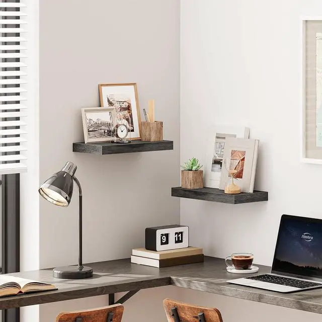Alt view image 6 of 7 - Floating Shelves for Wall, Wall Mounted Shelf Set of 2, 15.7" Hanging Shelf with Invisible Brackets, for Wall Decor Storage in Bathroom Bedroom Kitchen Livingroom Office, Charcoal Gray BC40BJ01